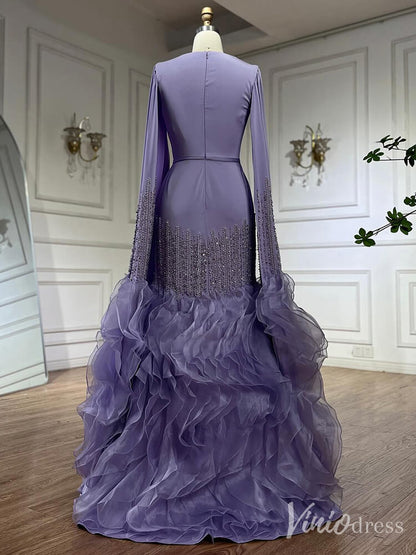 Elegant Ruffled Cape Sleeve Wedding Dresses Beaded Evening Dress 20215-Evening Dresses 2025 -Viniodress-Pink-US 2-