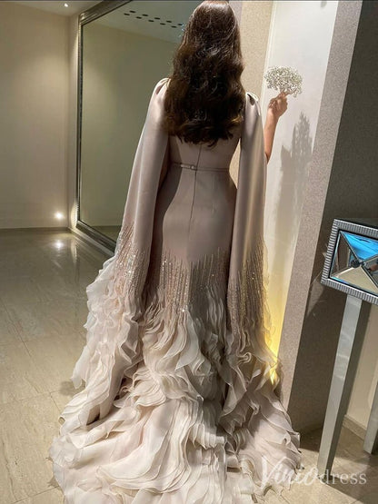 Elegant Ruffled Cape Sleeve Wedding Dresses Beaded Evening Dress 20215-Evening Dresses 2025 -Viniodress-Pink-US 2-