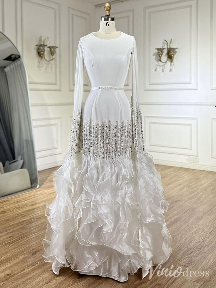 Elegant Ruffled Cape Sleeve Wedding Dresses Beaded Evening Dress 20215-Evening Dresses 2025 -Viniodress-Pink-US 2-