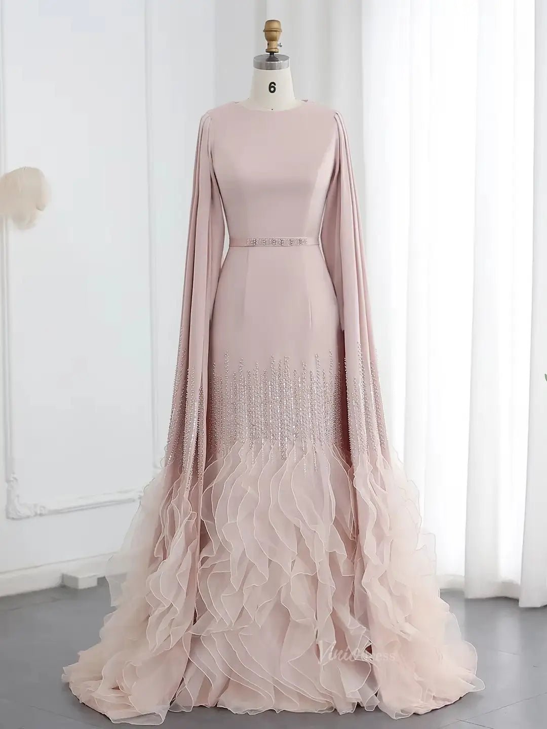 Elegant Ruffled Cape Sleeve Wedding Dresses Beaded Evening Dress 20215-Evening Dresses 2025 -Viniodress-Pink-US 2-
