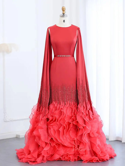 Elegant Ruffled Cape Sleeve Wedding Dresses Beaded Evening Dress 20215-Evening Dresses 2025 -Viniodress-Red-US 2-