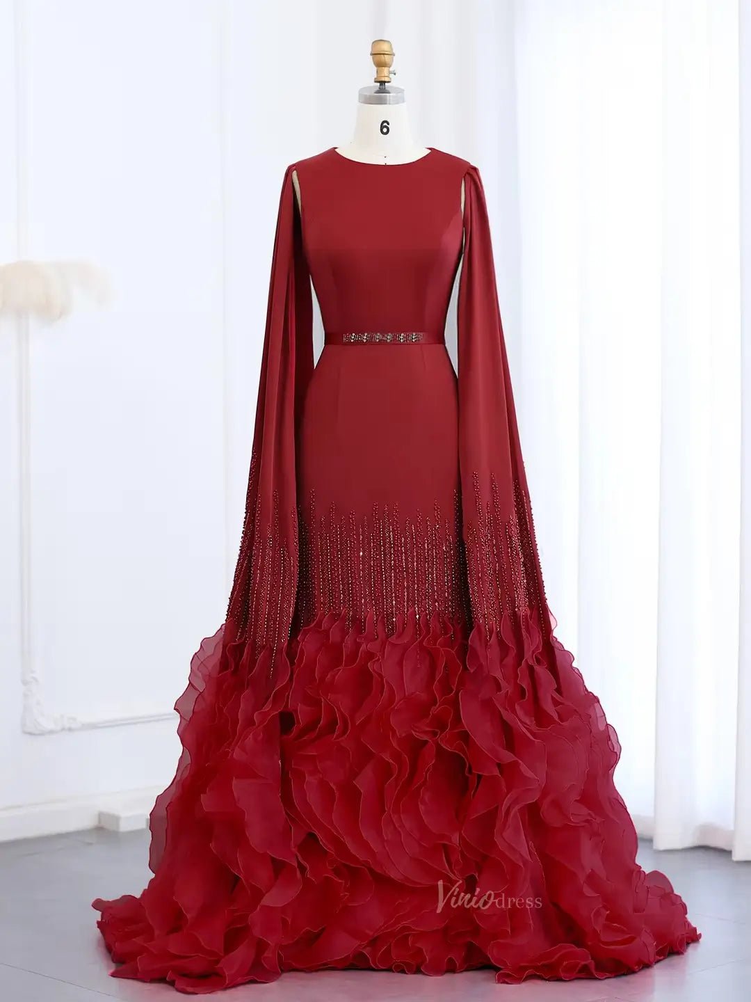Elegant Ruffled Cape Sleeve Wedding Dresses Beaded Evening Dress 20215-Evening Dresses 2025 -Viniodress-Burgundy-US 2-