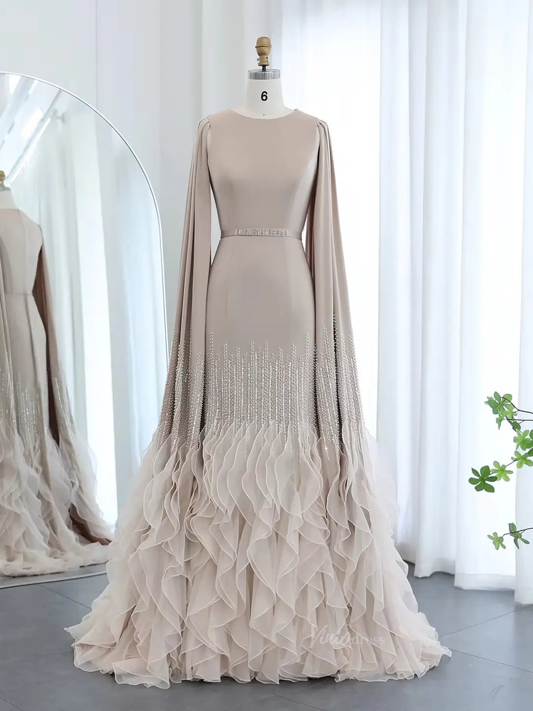 Elegant Ruffled Cape Sleeve Wedding Dresses Beaded Evening Dress 20215-Evening Dresses 2025 -Viniodress-Champagne-US 2-