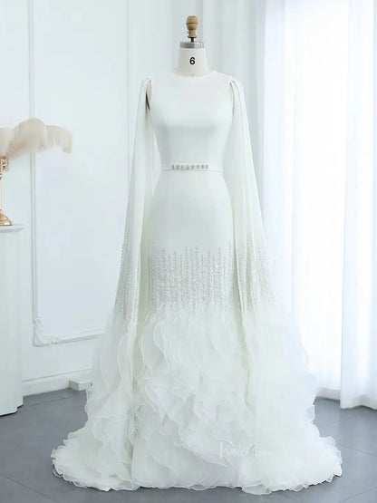 Elegant Ruffled Cape Sleeve Wedding Dresses Beaded Evening Dress 20215-Evening Dresses 2025 -Viniodress-Ivory-US 2-