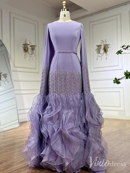 Elegant Ruffled Cape Sleeve Wedding Dresses Beaded Evening Dress 20215-Evening Dresses 2025 -Viniodress-Lavender-US 2-