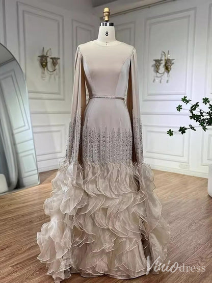 Elegant Ruffled Cape Sleeve Wedding Dresses Beaded Evening Dress 20215-Evening Dresses 2025 -Viniodress-Pink-US 2-