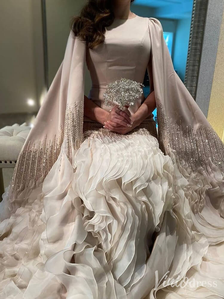 Elegant Ruffled Cape Sleeve Wedding Dresses Beaded Evening Dress 20215-Evening Dresses 2025 -Viniodress-Pink-US 2-