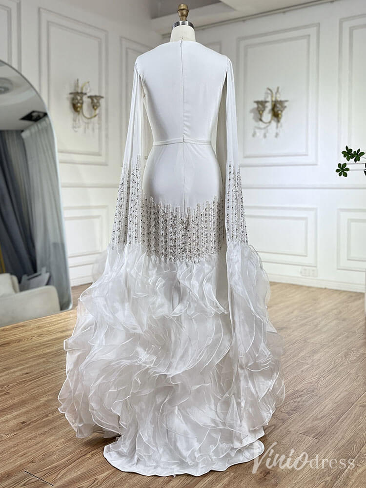 Elegant Ruffled Cape Sleeve Wedding Dresses Beaded Evening Dress 20215-Evening Dresses 2025 -Viniodress-Pink-US 2-