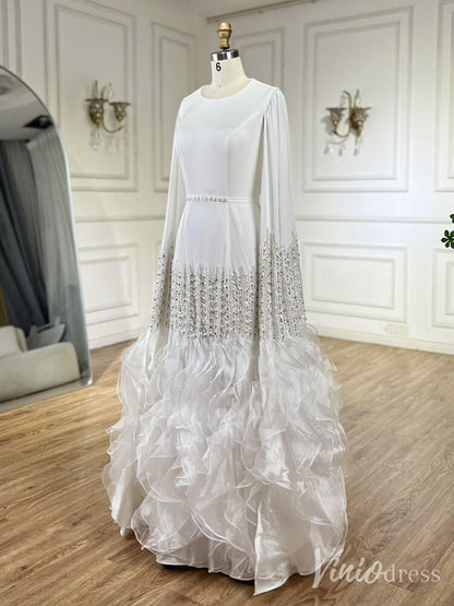 Elegant Ruffled Cape Sleeve Wedding Dresses Beaded Evening Dress 20215-Evening Dresses 2025 -Viniodress-Pink-US 2-