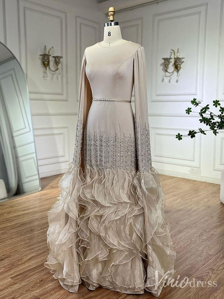 Elegant Ruffled Extra Long Sleeve Prom Dresses Beaded Satin Pageant Dress 20215-prom dresses-Viniodress-Viniodress