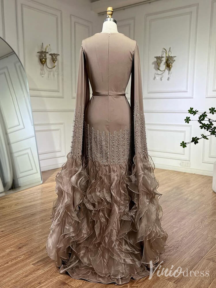 Elegant Ruffled Extra Long Sleeve Prom Dresses Beaded Satin Pageant Dress 20215-prom dresses-Viniodress-Viniodress