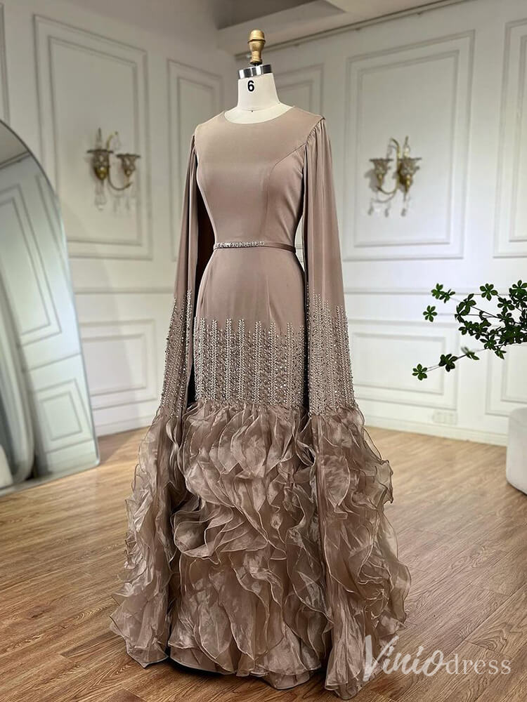 Elegant Ruffled Extra Long Sleeve Prom Dresses Beaded Satin Pageant Dress 20215-prom dresses-Viniodress-Viniodress