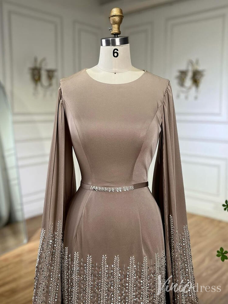 Elegant Ruffled Extra Long Sleeve Prom Dresses Beaded Satin Pageant Dress 20215-prom dresses-Viniodress-Viniodress