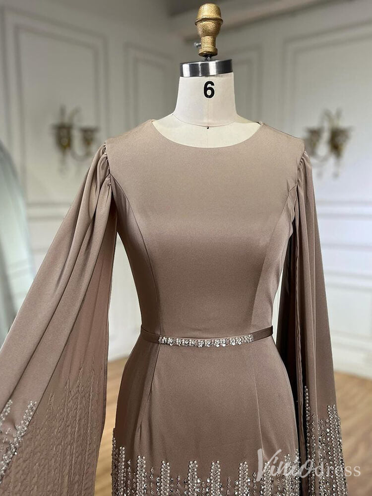 Elegant Ruffled Extra Long Sleeve Prom Dresses Beaded Satin Pageant Dress 20215-prom dresses-Viniodress-Viniodress