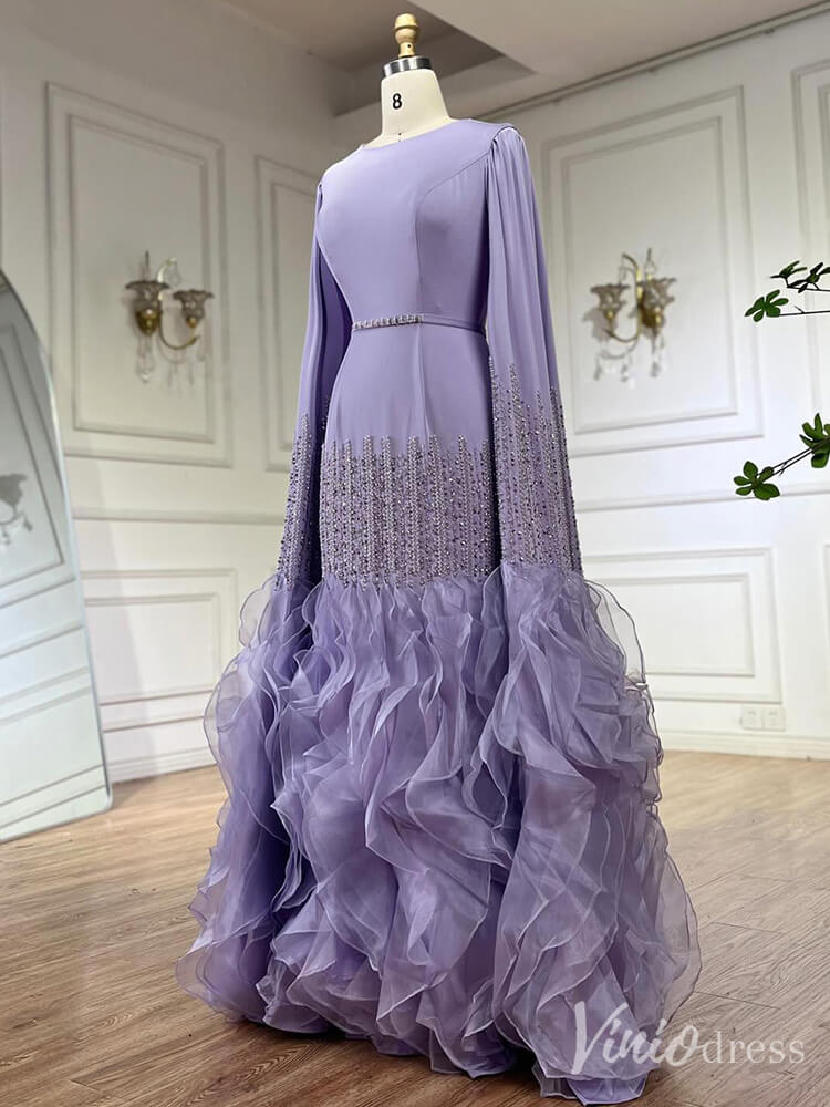 Elegant Ruffled Extra Long Sleeve Prom Dresses Beaded Satin Pageant Dress 20215-prom dresses-Viniodress-Viniodress