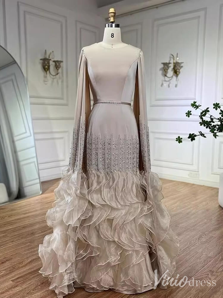 Elegant Ruffled Extra Long Sleeve Prom Dresses Beaded Satin Pageant Dress 20215-prom dresses-Viniodress-Champagne-US 2-Viniodress