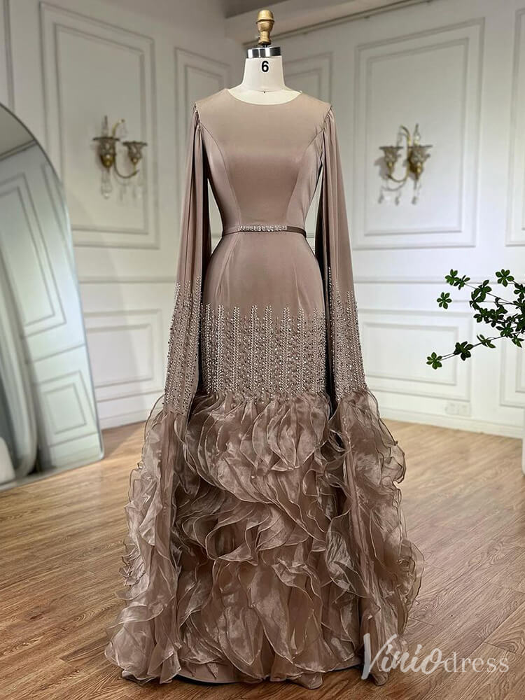 Elegant Ruffled Extra Long Sleeve Prom Dresses Beaded Satin Pageant Dress 20215-prom dresses-Viniodress-Khaki-US 2-Viniodress