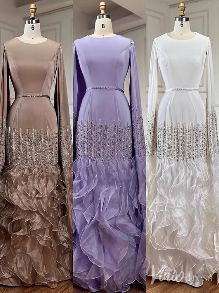 Elegant Ruffled Extra Long Sleeve Prom Dresses Beaded Satin Pageant Dress 20215-prom dresses-Viniodress-Lavender-US 2-Viniodress