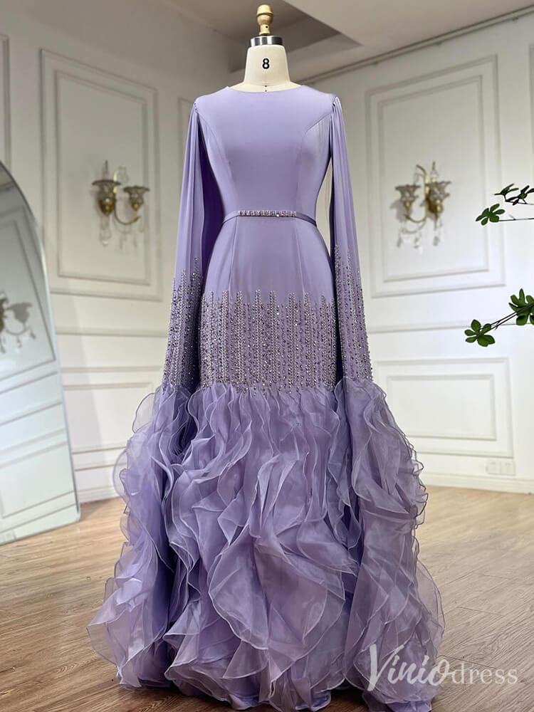 Elegant Ruffled Extra Long Sleeve Prom Dresses Beaded Satin Pageant Dress 20215-prom dresses-Viniodress-Lavender-US 2-Viniodress