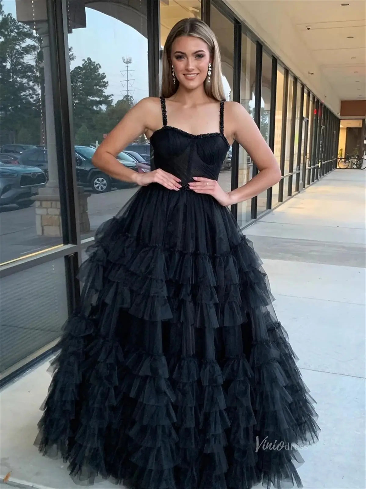 Elegant Ruffled Tulle Prom Dresses with Spaghetti Strap & Sheer Boned   Viniodress