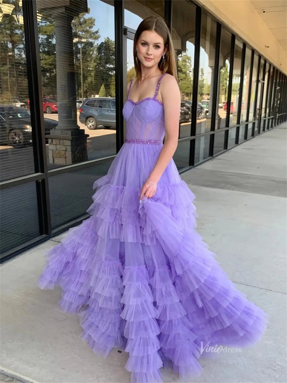 Elegant Ruffled Tulle Prom Dresses with Spaghetti Strap & Sheer Boned   Viniodress