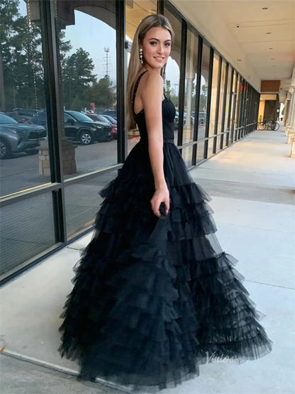 Elegant Ruffled Tulle Prom Dresses with Spaghetti Strap & Sheer