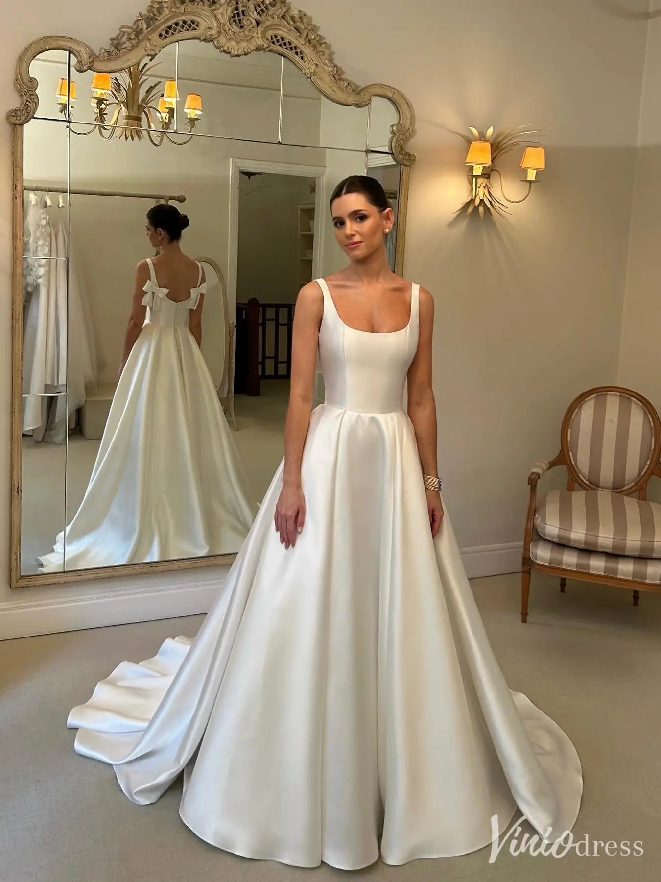 Elegant Satin A-Line Wedding Dress with Square Neck, Bow Back, and Long Train – VW2574-wedding dresses 2025 -Viniodress-Ivory-Custom Size-