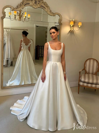 Elegant Satin A-Line Wedding Dress with Square Neck, Bow Back, and Long Train – VW2574-wedding dresses 2025 -Viniodress-Ivory-Custom Size-