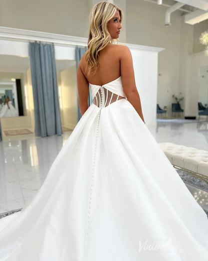 Elegant Satin Ball Gown Wedding Dress with Sweetheart Neckline, Illusion Corset Back & Button Chapel Train – MS144-wedding dresses 2026-Viniodress-Ivory-Custom Size-