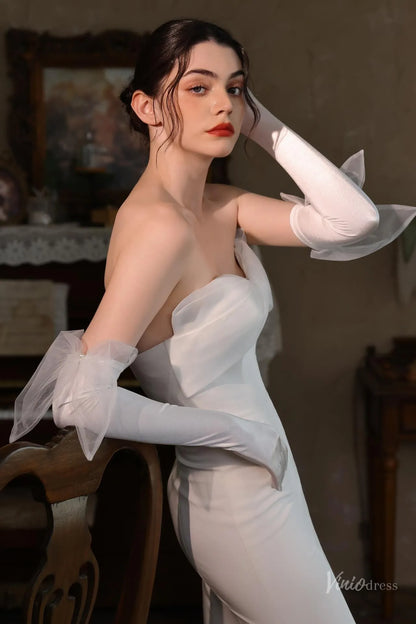 Elegant Satin Bridal Gloves with Tulle Bow – Long Opera Wedding Gloves for Women WG217-Bridal Gloves 2026-Viniodress-Ivory-