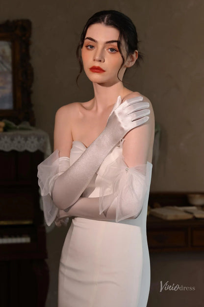 Elegant Satin Bridal Gloves with Tulle Bow – Long Opera Wedding Gloves for Women WG217-Bridal Gloves 2026-Viniodress-Ivory-