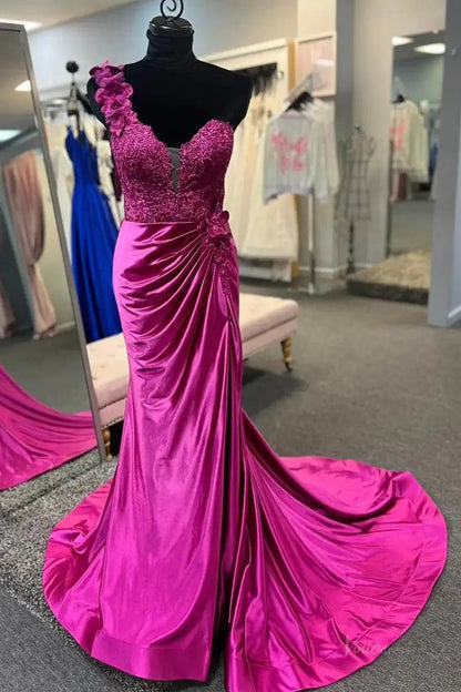 Elegant Satin Lace Prom Dress 2025 with One Shoulder, 3D Flower, Slit, Sweetheart Neck – FD5014-prom dresses 2025 -Viniodress-Custom Colors-Custom Size-