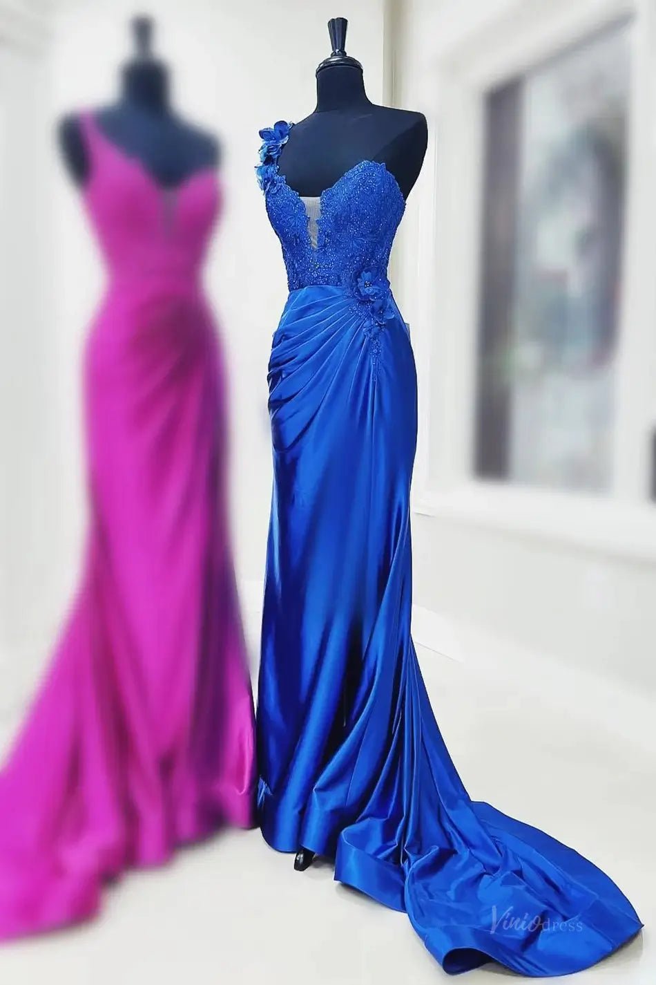 Elegant Satin Lace Prom Dress 2025 with One Shoulder, 3D Flower, Slit, Sweetheart Neck – FD5014-prom dresses 2025 -Viniodress-Custom Colors-Custom Size-
