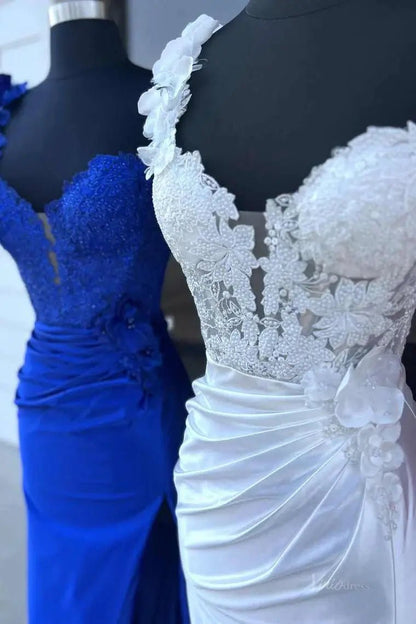 Elegant Satin Lace Prom Dress 2025 with One Shoulder, 3D Flower, Slit, Sweetheart Neck – FD5014-prom dresses 2025 -Viniodress-Custom Colors-Custom Size-