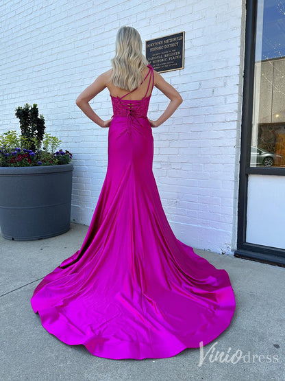 Elegant Satin Lace Prom Dress 2025 with One Shoulder, 3D Flower, Slit, Sweetheart Neck – FD5014-prom dresses 2025 -Viniodress-Custom Colors-Custom Size-
