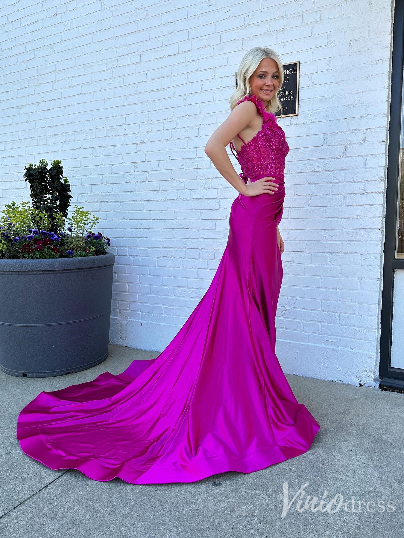 Elegant Satin Lace Prom Dress 2025 with One Shoulder, 3D Flower, Slit, Sweetheart Neck – FD5014-prom dresses 2025 -Viniodress-Custom Colors-Custom Size-