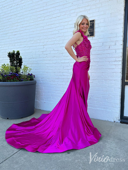 Elegant Satin Lace Prom Dress 2025 with One Shoulder, 3D Flower, Slit, Sweetheart Neck – FD5014-prom dresses 2025 -Viniodress-Custom Colors-Custom Size-