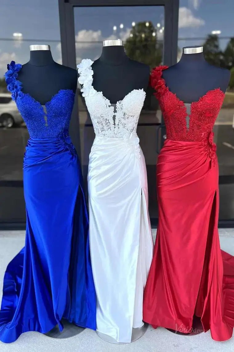 Elegant Satin Lace Prom Dress 2025 with One Shoulder, 3D Flower, Slit, Sweetheart Neck – FD5014-prom dresses 2025 -Viniodress-Custom Colors-Custom Size-