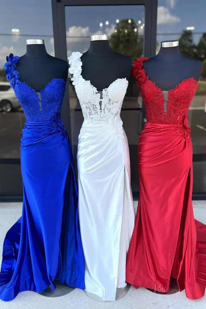 Elegant Satin Lace Prom Dress 2025 with One Shoulder, 3D Flower, Slit, Sweetheart Neck – FD5014-prom dresses 2025 -Viniodress-Custom Colors-Custom Size-