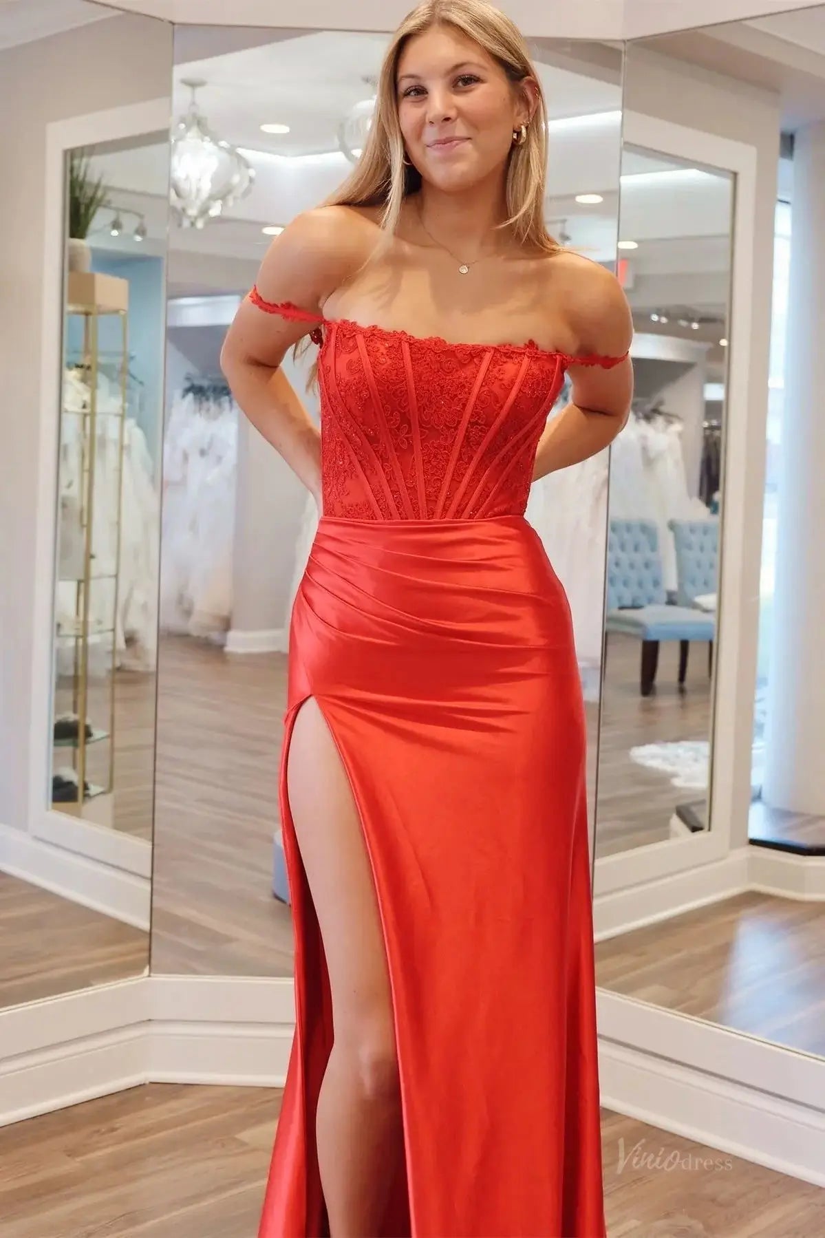 Elegant Satin Mermaid Prom Dress 2025 with Slit & Lace Boned Bodice – FD5043-prom dresses 2025 -Viniodress-Red-Custom Size-