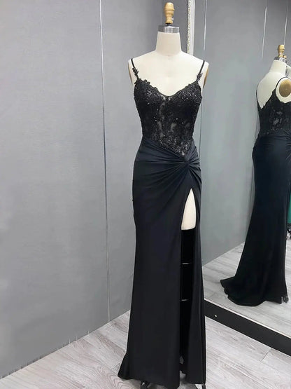 Elegant Satin Mermaid Prom Dress 2025 with Slit, Spaghetti Strap & Lace Bodice – FD5045-prom dresses 2025 -Viniodress-Black-Custom Size-