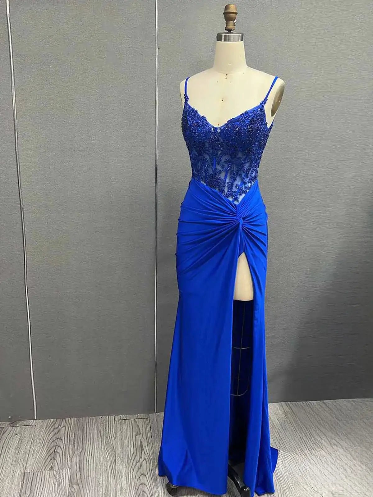 Elegant Satin Mermaid Prom Dress 2025 with Slit, Spaghetti Strap & Lace Bodice – FD5045-prom dresses 2025 -Viniodress-Blue-Custom Size-