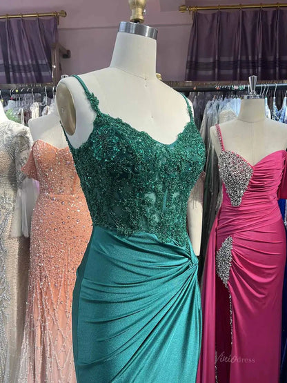 Elegant Satin Mermaid Prom Dress 2025 with Slit, Spaghetti Strap & Lace Bodice – FD5045-prom dresses 2025 -Viniodress-Green-Custom Size-