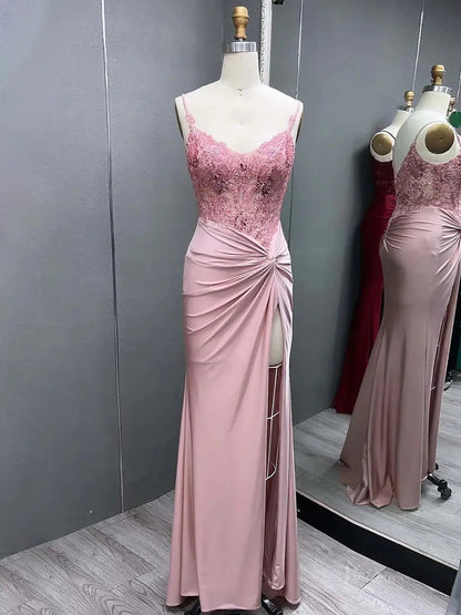 Elegant Satin Mermaid Prom Dress 2025 with Slit, Spaghetti Strap & Lace Bodice – FD5045-prom dresses 2025 -Viniodress-Pink-Custom Size-