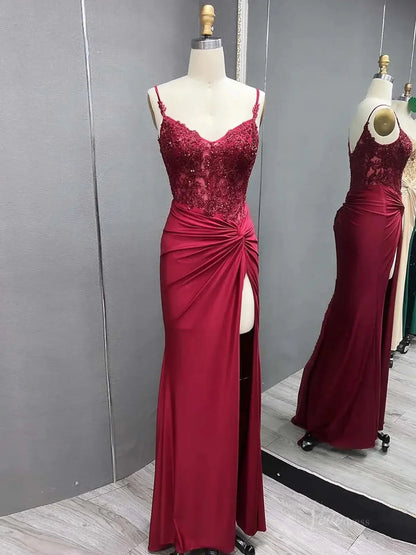 Elegant Satin Mermaid Prom Dress 2025 with Slit, Spaghetti Strap & Lace Bodice – FD5045-prom dresses 2025 -Viniodress-Red-Custom Size-