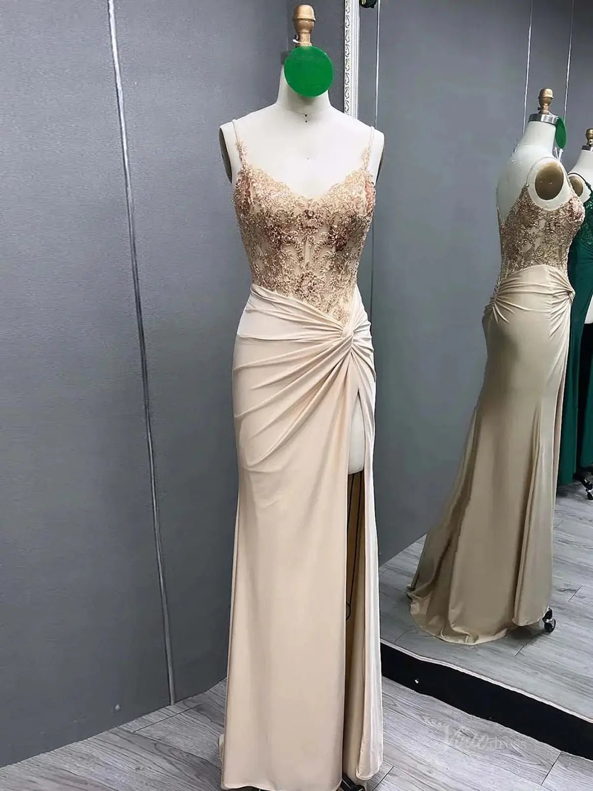 Elegant Satin Mermaid Prom Dress 2025 with Slit, Spaghetti Strap & Lace Bodice – FD5045 - Viniodressprom dressesChampagneCustom Size - Formal Dresses - Ball Gowns