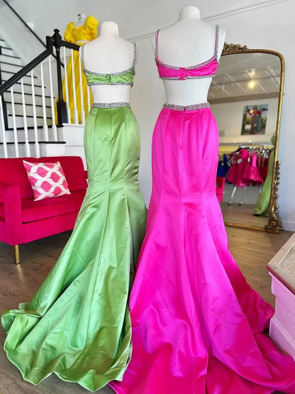 Elegant Satin Mermaid Prom Dress with Basque Waistline, Rhinestone, Bow & Spaghetti Strap – Style FD6080-prom dresses 2025 -Viniodress-Fuchsia-Custom Size-