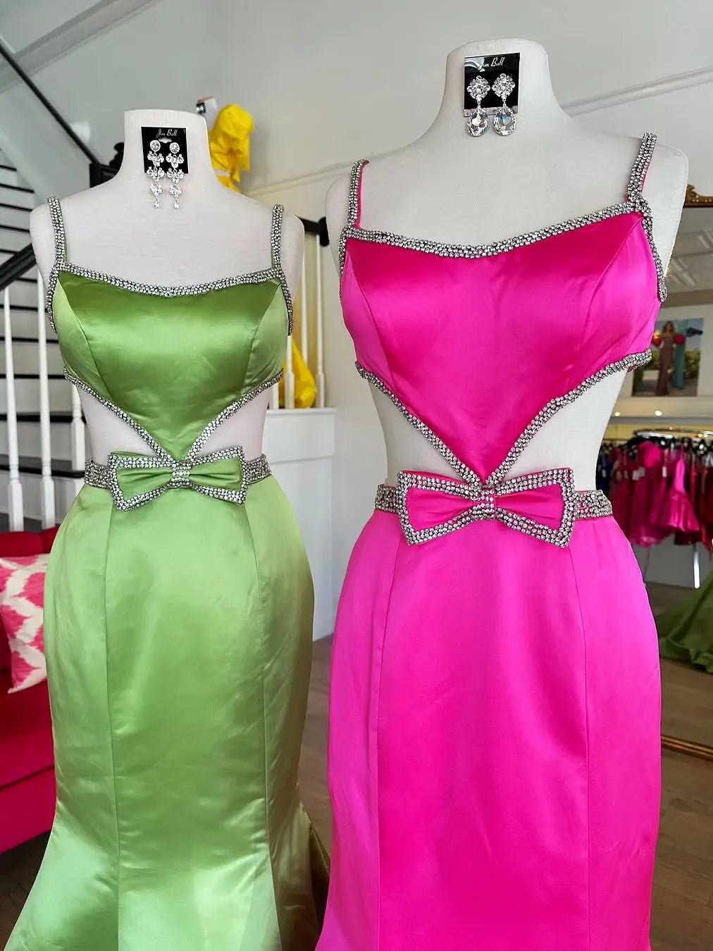 Elegant Satin Mermaid Prom Dress with Basque Waistline, Rhinestone, Bow & Spaghetti Strap – Style FD6080-prom dresses 2025 -Viniodress-Fuchsia-Custom Size-