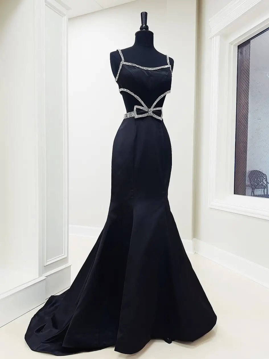 Elegant Satin Mermaid Prom Dress with Basque Waistline, Rhinestone, Bow & Spaghetti Strap – Style FD6080-prom dresses 2025 -Viniodress-Fuchsia-Custom Size-