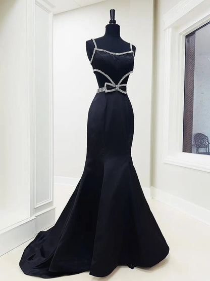 Elegant Satin Mermaid Prom Dress with Basque Waistline, Rhinestone, Bow & Spaghetti Strap – Style FD6080-prom dresses 2025 -Viniodress-Fuchsia-Custom Size-